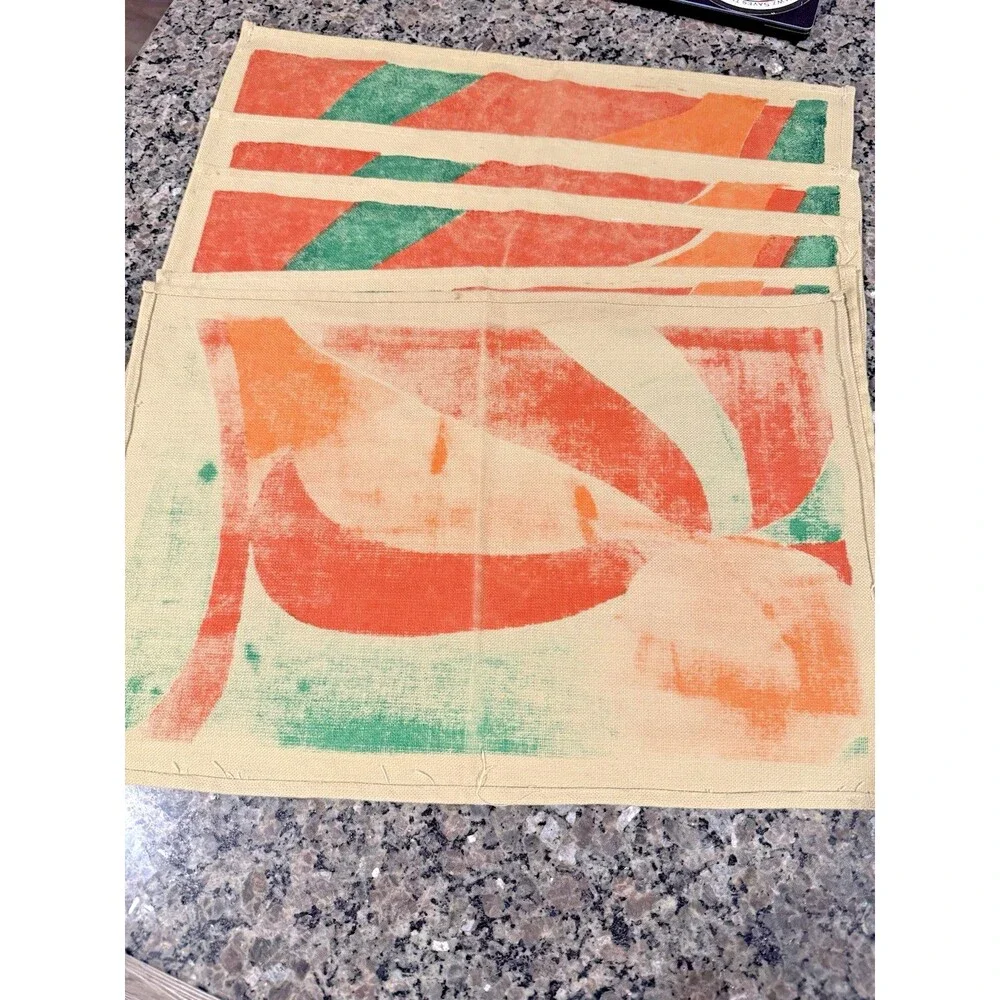 Vintage Woven Tapestry Placemats Set of 5 Abstract Bold Orange Green Retro Deco